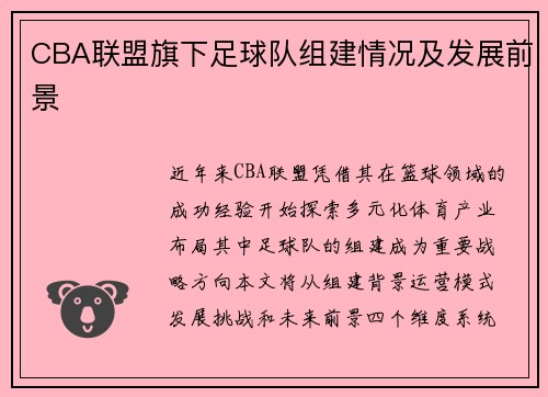 CBA联盟旗下足球队组建情况及发展前景