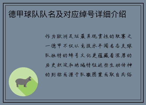 德甲球队队名及对应绰号详细介绍